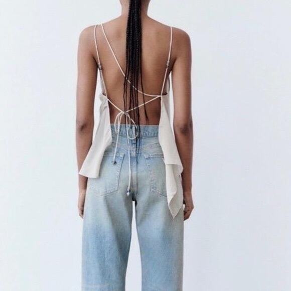 ZARA Womens MEDIUM Beige Beaded Strap Camisole Top Minimalist Chic Draped NEW - Picture 6 of 10